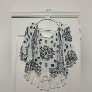 BOHO White and Navy patterned blouse